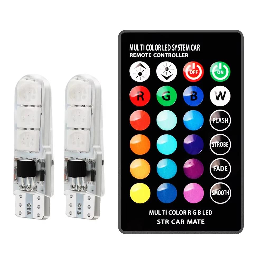 Светодиодная лампа T10 силиконовая RGB W5W 5050 6SMD с пультом управления, цветная подсветка салона автомобиля для купольной подсветки, подсветки для чтения, подсветки номерного знака, клиновая подсветка
